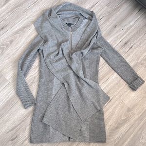 Gray wool sweater coat with attached long scarf